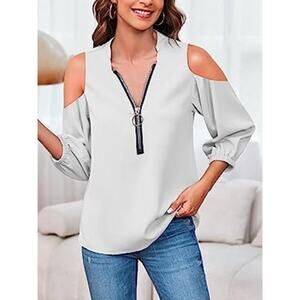 Womens White V-Neck Zipper Blouse Top